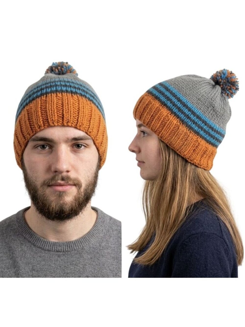 ⭐New Oz Hand Made knitted Hat Pom Pom Adult Unisex Beanie stripped Gray Orange